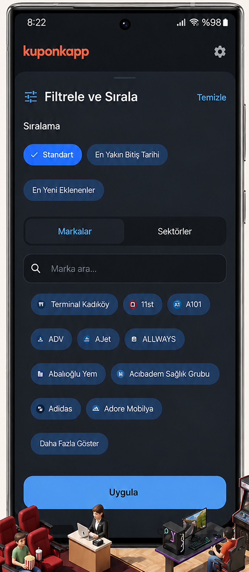 kuponkapp koyu temada marka ve sektör filtreleme ekranı